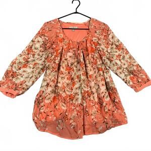 Roz & Ali Womens Size 1X Floral Blouse Coral Print